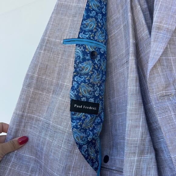 Paul Fredrick Linen Suit Gray Windowpane Plaid Jacket 48R Pants 46W Paisley - Picture 9 of 9